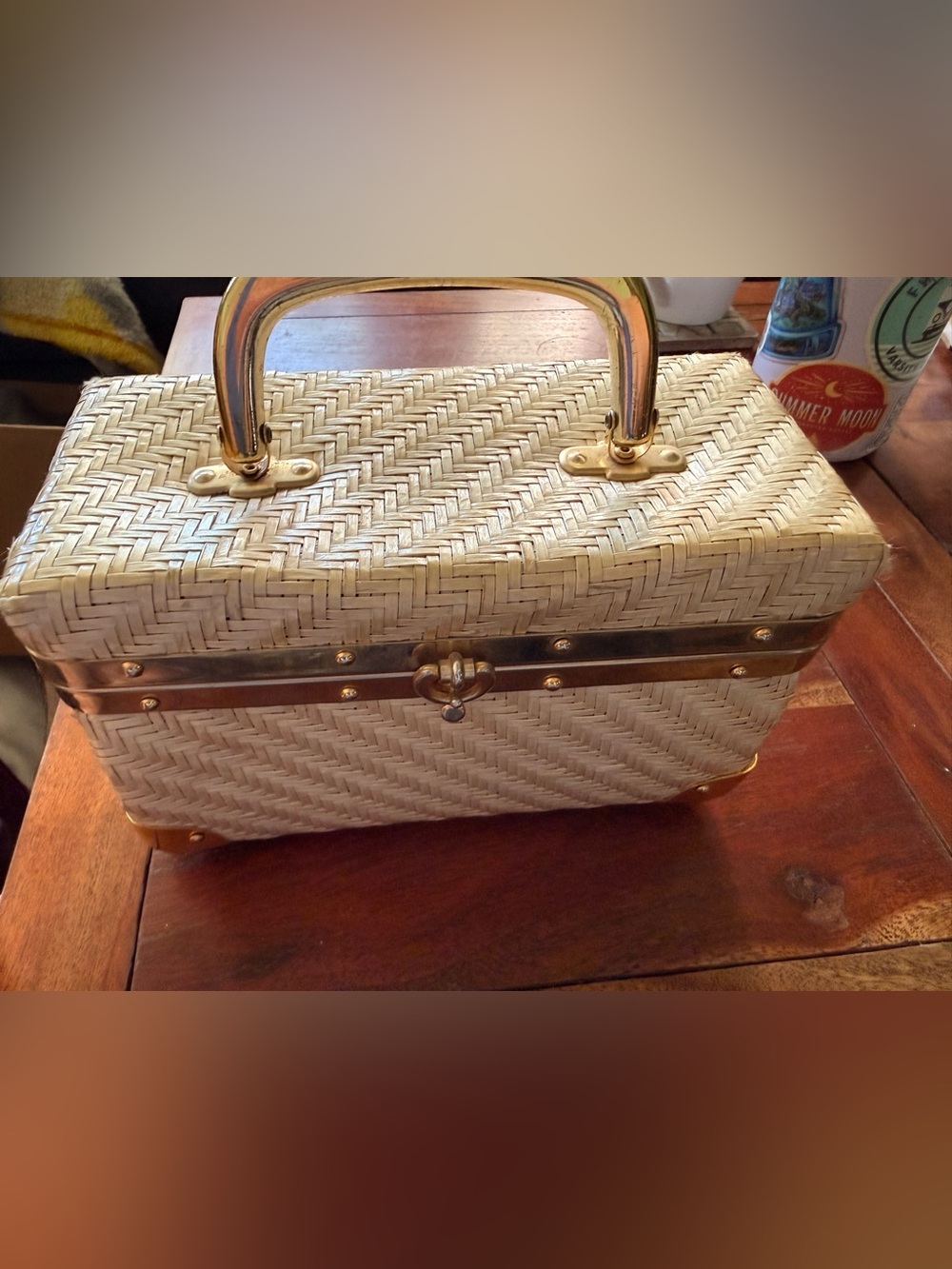 Woven Cosmetic Case in Cream with Gold Trim